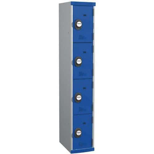 Svařovaná šatní skříň Acial, 1 sloupec, 4 boxy, 300 mm, kódový zámek, šedá/modrá