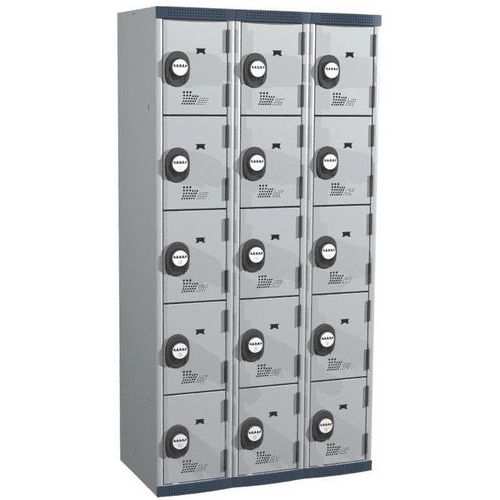 Svařovaná šatní skříň Acial, 3 sloupce, 15 boxů, 300 mm, kódový zámek, šedá/šedá