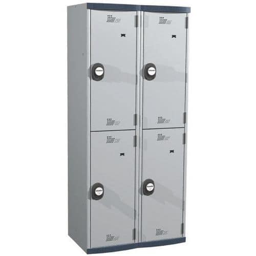 Svařovaná šatní skříň Acial, 2 sloupce, 4 boxy, 400 mm, kódový zámek, šedá/šedá