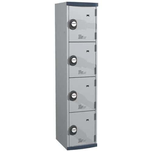 Svařovaná šatní skříň Acial, 1 sloupec, 4 boxy, 400 mm, kódový zámek, šedá/šedá