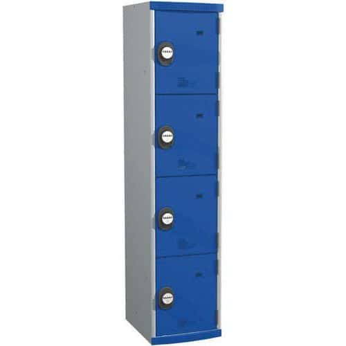Svařovaná šatní skříň Acial, 1 sloupec, 4 boxy, 400 mm, kódový zámek, šedá/modrá