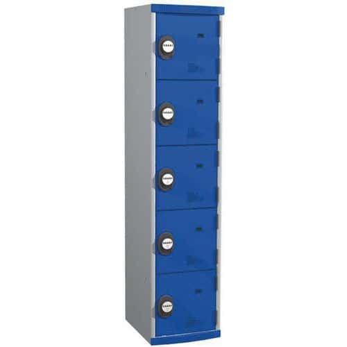 Svařovaná šatní skříň Acial, 1 sloupec, 5 boxů, 400 mm, kódový zámek, šedá/modrá