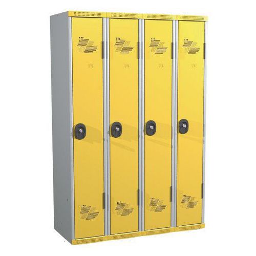 Svařovaná šatní skříň Acial, 4 oddíly, 300 mm, cylindrický zámek, šedá/žlutá
