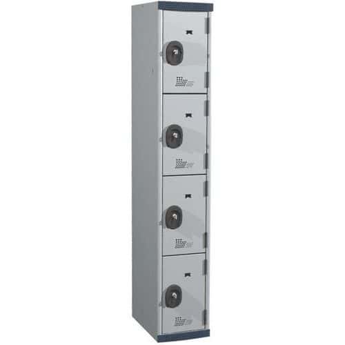 Svařovaná šatní skříň Acial, 1 sloupec, 4 boxy, 300 mm, cylindrický zámek, šedá/šedá