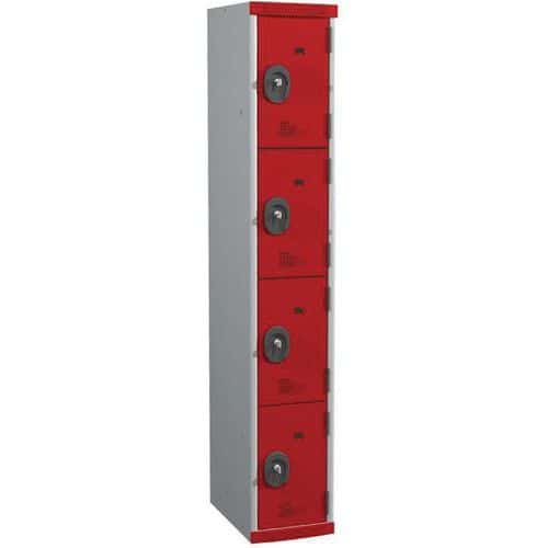 Svařovaná šatní skříň Acial, 1 sloupec, 4 boxy, 300 mm, cylindrický zámek, šedá/červená