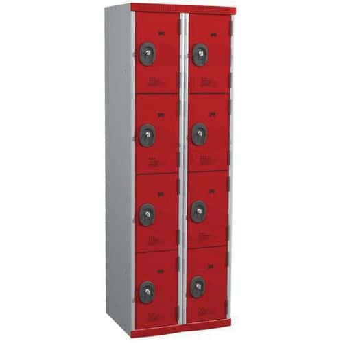 Svařovaná šatní skříň Acial, 2 sloupce, 8 boxů, 300 mm, cylindrický zámek, šedá/červená