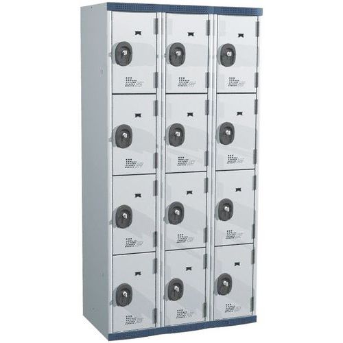 Svařovaná šatní skříň Acial, 3 sloupce, 12 boxů, 300 mm, cylindrický zámek, šedá/šedá