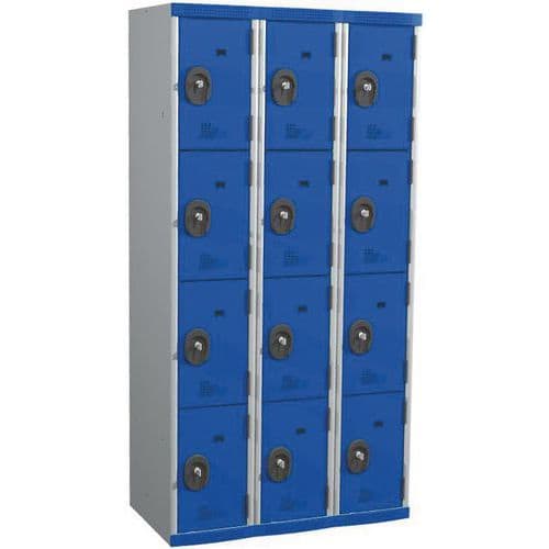 Svařovaná šatní skříň Acial, 3 sloupce, 12 boxů, 300 mm, cylindrický zámek, šedá/modrá