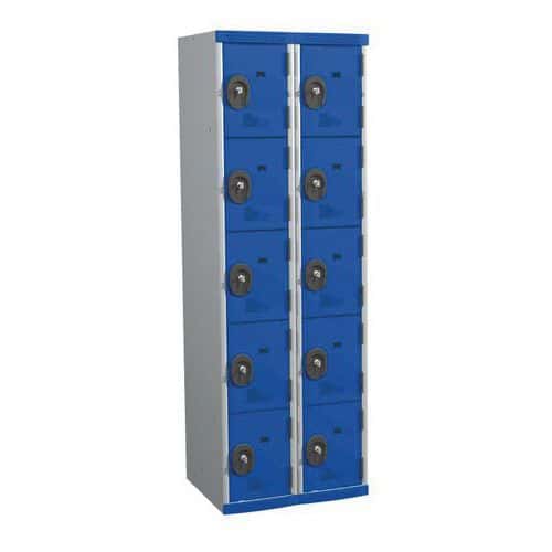 Svařovaná šatní skříň Acial, 2 sloupce, 10 boxů, 300 mm, cylindrický zámek, šedá/modrá