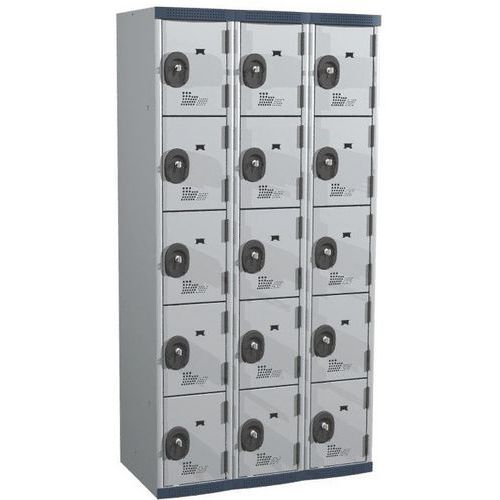 Svařovaná šatní skříň Acial, 3 sloupce, 15 boxů, 300 mm, cylindrický zámek, šedá/šedá
