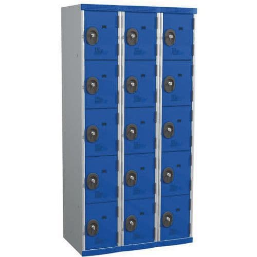 Svařovaná šatní skříň Acial, 3 sloupce, 15 boxů, 300 mm, cylindrický zámek, šedá/modrá