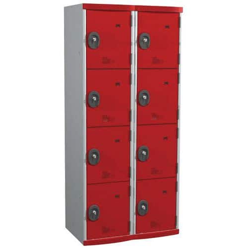 Svařovaná šatní skříň Acial, 2 sloupce, 8 boxů, 400 mm, cylindrický zámek, šedá/červená