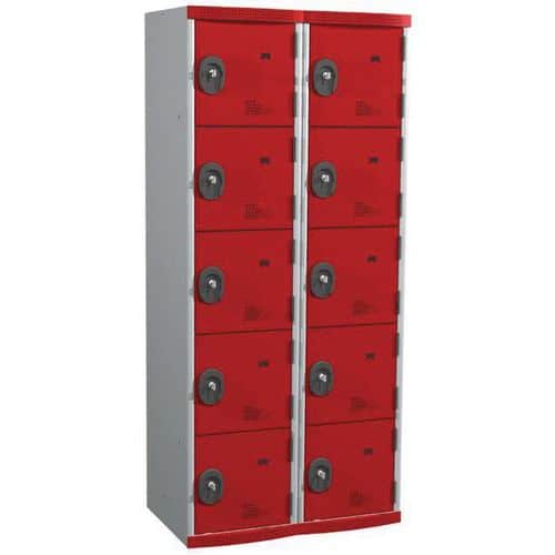 Svařovaná šatní skříň Acial, 2 sloupce, 10 boxů, 400 mm, cylindrický zámek, šedá/červená