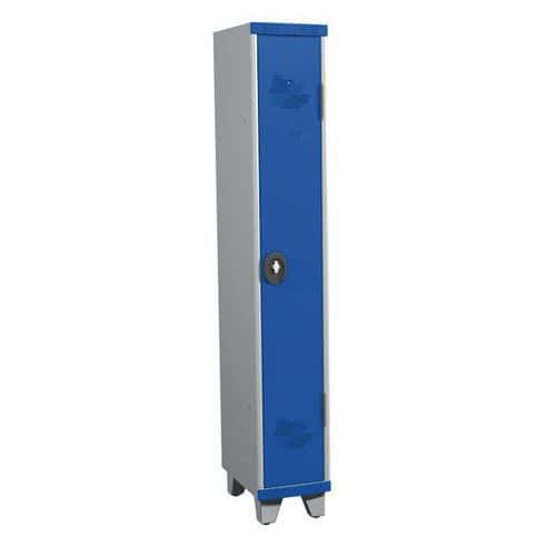 Svařovaná šatní skříň Acial, 1 oddíl, 300 mm, na nohách, otočný uzávěr, šedá/modrá