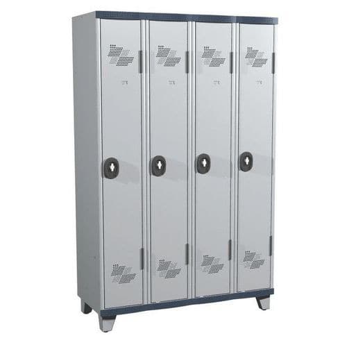 Svařovaná šatní skříň Acial, 4 oddíly, 300 mm, na nohách, otočný uzávěr, šedá/šedá