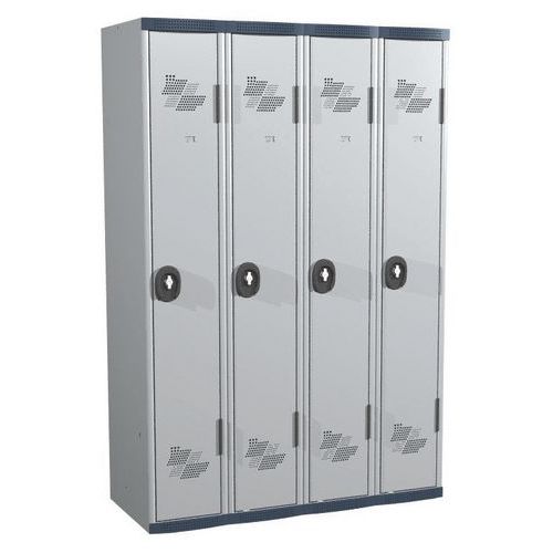 Svařovaná šatní skříň Acial, 4 oddíly, 300 mm, otočný uzávěr, šedá/šedá