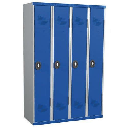 Svařovaná šatní skříň Acial, 4 oddíly, 300 mm, cylindrický zámek, šedá/modrá