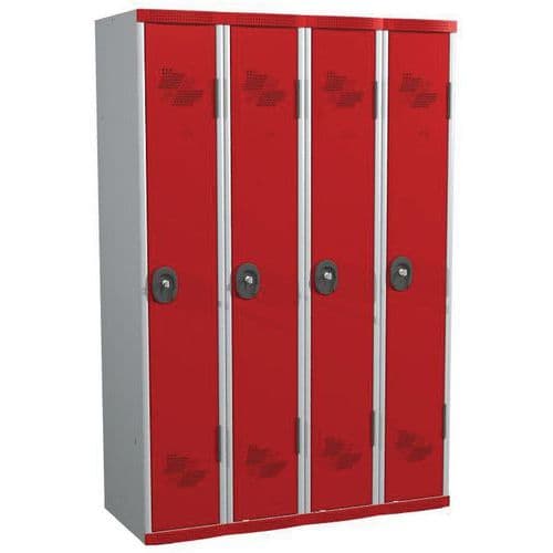 Svařovaná šatní skříň Acial, 4 oddíly, 300 mm, cylindrický zámek, šedá/červená