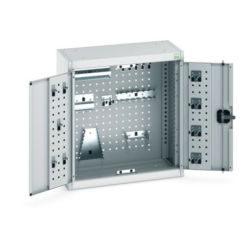 Závěsná skříňka Bott Cubio s držáky na nářadí a perfopanely, 70 x 65 x 32,5 cm, 20 držáků, šedá-šedá