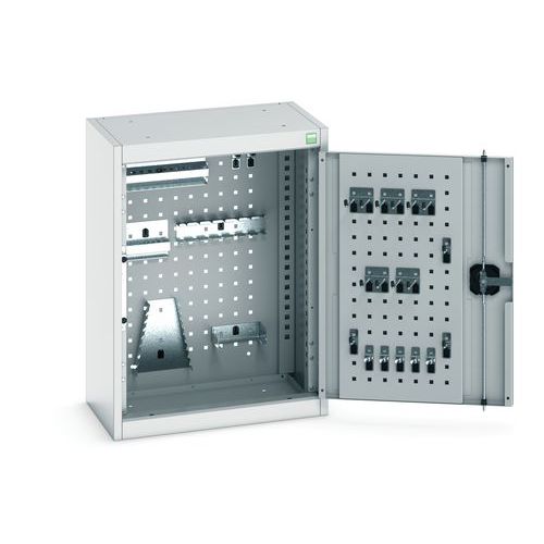 Závěsná skříňka Bott Cubio s držáky na nářadí a perfopanely, 70 x 52,5 x 32,5 cm, 20 držáků, šedá-šedá