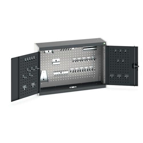 Závěsná skříňka Bott Cubio s držáky na nářadí a perfopanely, 70 x 105 x 32,5 cm, 40 držáků, šedá-antracit