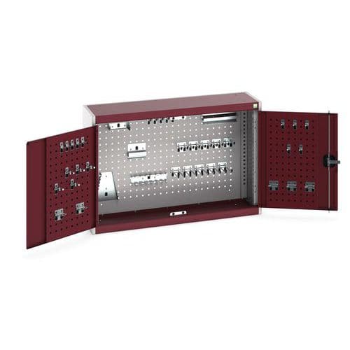 Závěsná skříňka Bott Cubio s držáky na nářadí a perfopanely, 70 x 105 x 32,5 cm, 40 držáků, šedá-červená
