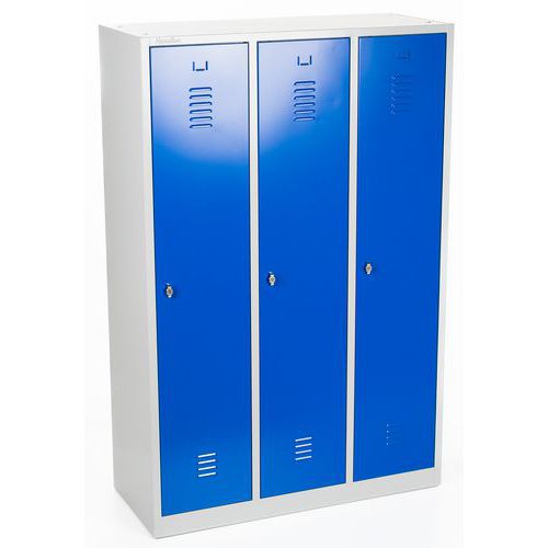 Svařovaná šatní skříň s mezistěnou, 3 oddíly, šedá/modrá, otočný uzávěr - Manutan Expert DURO PROFI