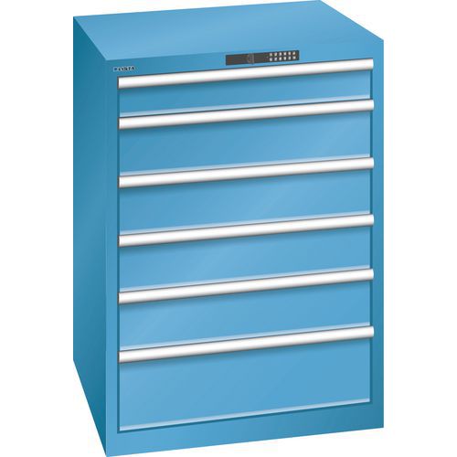 Dílenská zásuvková skříň LISTA, 6 zásuvek, nosnost 75kg, 717x725 mm, otevírání kodem