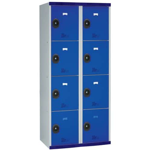 Svařovaná šatní skříň Acial, 2 sloupce, 8 boxů, 400 mm, cylindrický zámek, šedá/modrá