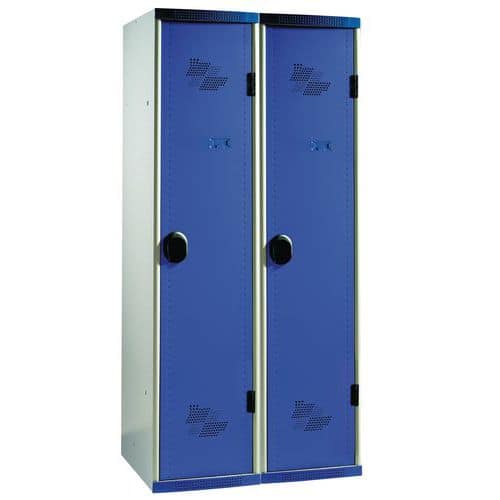 Svařovaná šatní skříň s mezistěnou Acial, 2 oddíly, 400 mm, cylindrický zámek, šedá/modrá
