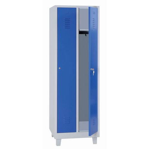 Svařovaná šatní skříň na nohách, 2 oddíly, šedá/modrá, otočný uzávěr - Manutan Expert DURO PROFI
