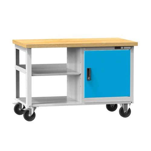 Mobilní dílenský stůl PPS Multiplex, 81 x 120 x 70 cm, 2 police a skříňka, buk/modrá