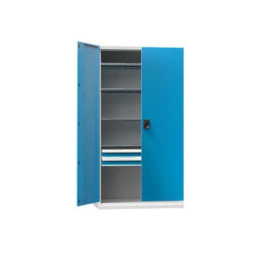 Kovová dílenská skříň na nářadí SK1, 1950 x 1044 x 625 mm, 4 police a 2 zásuvky, šedá/modrá