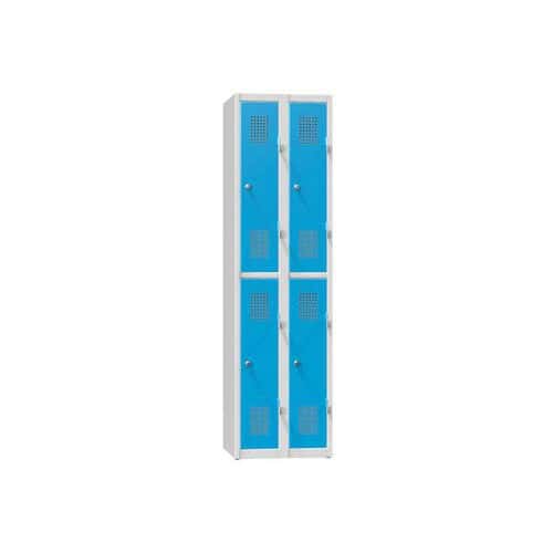 Kovová šatní skříň 4-box na soklu, půlená, 500 x 500 x 1850 mm, šedá-modrá