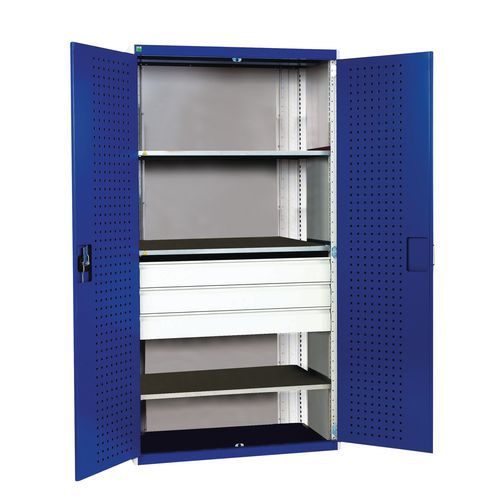 Dílenská skříň se zásuvkami Bott Cubio, 200 x 105 x 65 cm, 3 police, 3 zásuvky, šedá-modrá