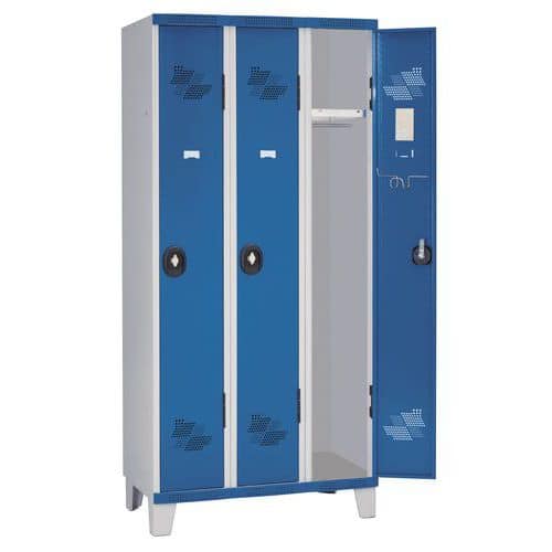 Svařovaná šatní skříň Acial, 3 oddíly, 300 mm, na nohách, cylindrický zámek, šedá/modrá