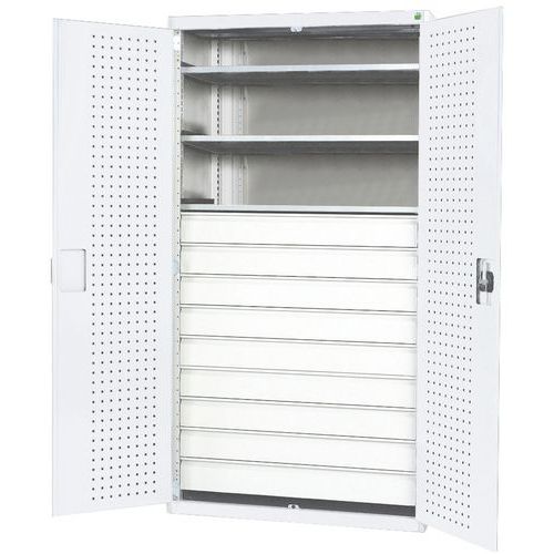 Dílenská skříň se zásuvkami Bott Cubio, 200 x 105 x 65 cm, 3 police, 9 zásuvek, šedá-šedá