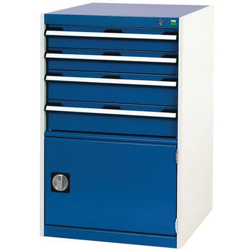 Dílenská zásuvková skříň Bott Cubio, 100 x 65 x 65 cm, 4 zásuvky, 1 skříňka, šedá-modrá