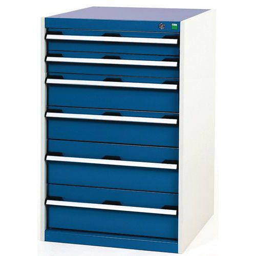 Dílenská zásuvková skříň Bott Cubio, 100 x 65 x 65 cm, 6 zásuvek, šedá-modrá