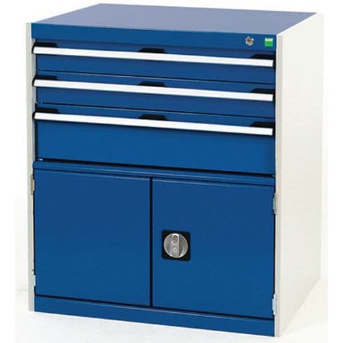 Dílenská zásuvková skříň Bott Cubio, 90 x 80 x 65 cm, 3 zásuvky, 1 skříňka, šedá-modrá