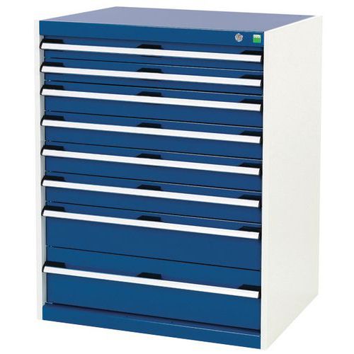 Dílenská zásuvková skříň Bott Cubio, 100 x 80 x 65 cm, 8 zásuvek, šedá-modrá