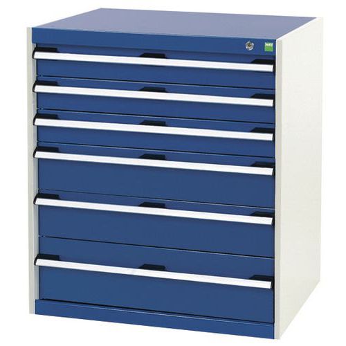 Dílenská zásuvková skříň Bott Cubio, 90 x 80 x 75 cm, 6 zásuvek, šedá-modrá