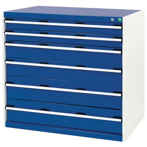 Dílenská zásuvková skříň Bott Cubio, 100 x 105 x 75 cm, 6 zásuvek, šedá-modrá
