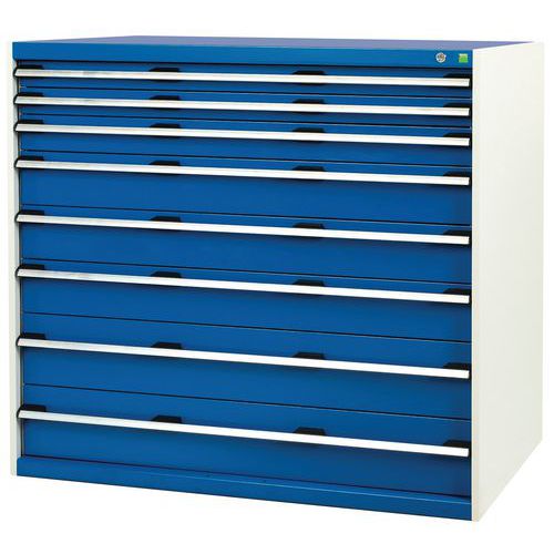 Dílenská zásuvková skříň Bott Cubio, 120 x 130 x 75 cm, 8 zásuvek, šedá-modrá