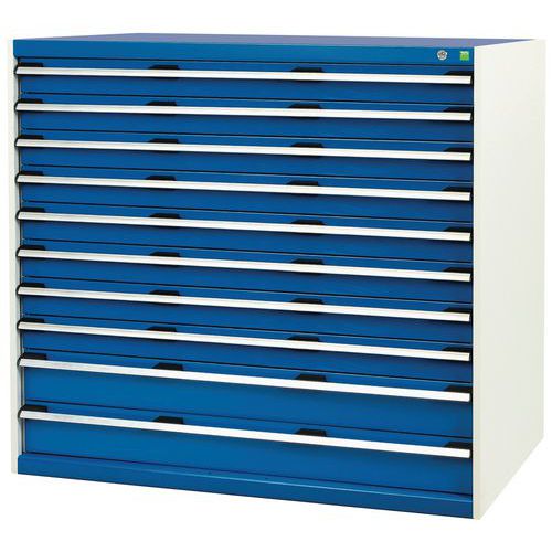 Dílenská zásuvková skříň Bott Cubio, 120 x 130 x 75 cm, 10 zásuvek, šedá-modrá