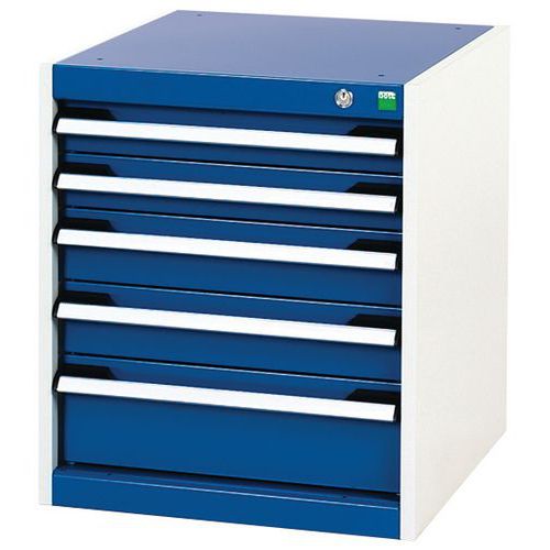 Dílenská zásuvková skříň Bott Cubio, 60 x 52,5 x 52,5 cm, 5 zásuvek, šedá-modrá