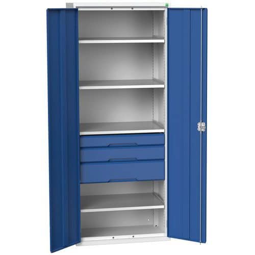 Dílenská skříň se zásuvkami Bott Verso, 200 x 80 x 55 cm, 4 police, 3 zásuvky, šedá-modrá