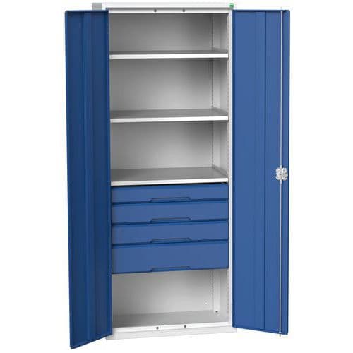 Dílenská skříň se zásuvkami Bott Verso, 200 x 80 x 55 cm, 3 police, 4 zásuvky, šedá-modrá
