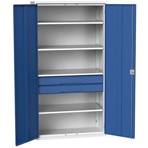 Dílenská skříň se zásuvkami Bott Verso, 200 x 105 x 55 cm, 4 police, 2 zásuvky, šedá-modrá