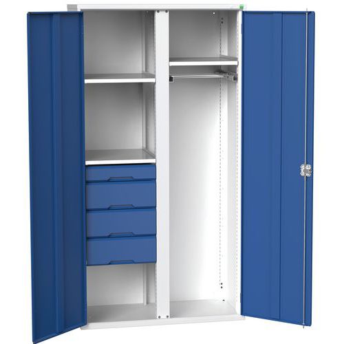 Kovová skříň pro údržbu Bott Verso, 200 x 105 x 55 cm, 3 police, 4 zásuvky, šedá-modrá